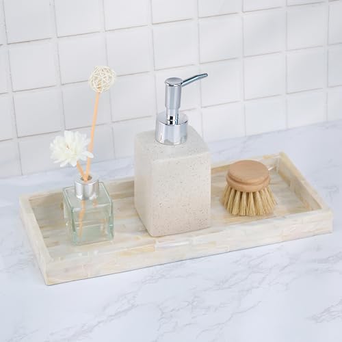 PEMAR Set of 2 Mother of Pearl Bathroom Tray for Counter, 11" Wooden Vanity Tray for Perfume Makeup Kitchen Sink Countertop Organizer, Toilet Tank Tray, Valet Tray (White Tiles) - Image 5
