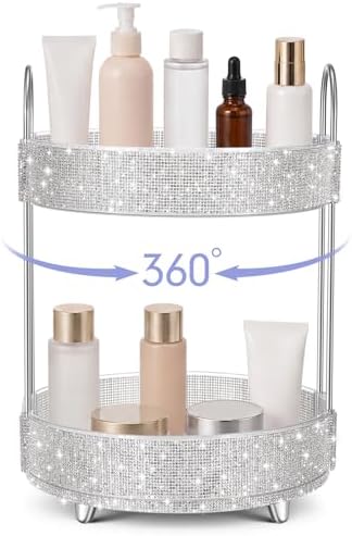Honeydak Rotating Perfume Organizer Tray, 2 Tiers, Rhinestone, White by Honeydak