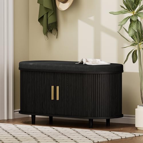 DHH 2-Tier Storage Bench,Wide Shoe Bench with Thickened Padded Seat Cushion, Mid Century Modern Fluted Sliding Door and Adjustable Shelf, for Entryway, Living Room, Bedroom (Black, 35.4“) - Image 3