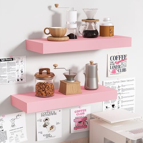 BAMEOS Pink Floating Shelves for Wall, 16" x 6" Wall Shelves for Room, Floating Book Shelves, Hanging Shelves for Bedroom, Bedroom, Living Room, Kitchen (Set of 2) - Image 2