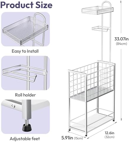SWTYMIKI Freestanding Toilet Paper Holder - 4-Tier Free Standing Toilet Paper Holder Stand with Large Basket, Stand Mega Roll Storage Rack for Extra Rolls, Magazines, Wet Wipes, Silver - Image 6