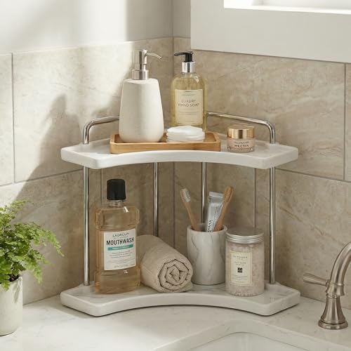 KES 2-Tier Ceramic Bathroom Corner Countertop Organizer, Polished Chrome - Image 2