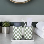 Bathroom Toothbrush Holder Set, Ceramic Soap Dispenser and Tooth Brush Holder Set, Modern Bathroom Accessories Sets Countertop, Checkered Bathroom Decor, Sage Green Bathrooms Decorative - Image 6