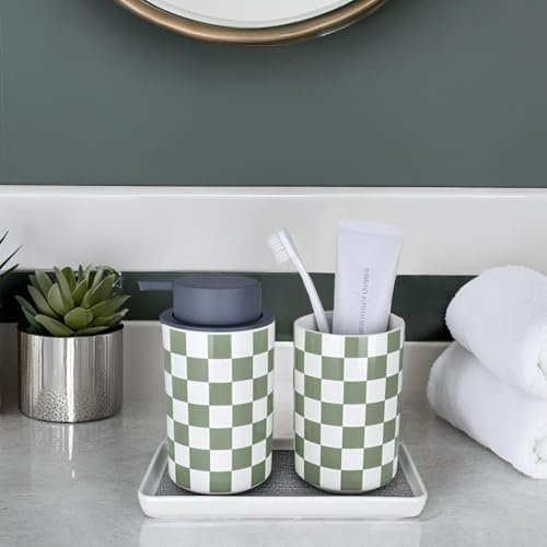 Bathroom Toothbrush Holder Set, Ceramic Soap Dispenser and Tooth Brush Holder Set, Modern Bathroom Accessories Sets Countertop, Checkered Bathroom Decor, Sage Green Bathrooms Decorative - Image 6