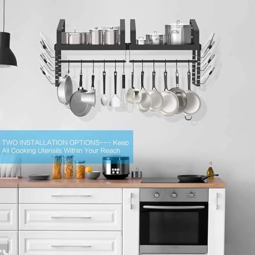 X-cosrack Pot Racks Wall Mounted Set of 2,with Towel Bar and Pots Pans Lids Organizer, Kitchen Cookware Hanging Shelves with 12 Hooks, Black - Image 6
