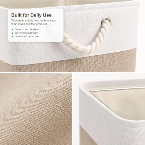 11x11 Inch Cube Storage Bins, 6 Pack Collapsible Fabric Storage Cubes with Rope Handles, Waterproof Foldable Storage Baskets for Cube Shelves, Closet, Clothes, Toys, Books, White & Beige Gold - Image 4