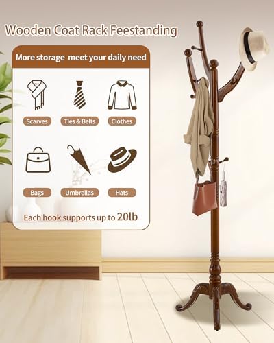 Wooden Coat Rack Freestanding, Solid Wood Coat Rack Stand with 13 Hooks, Mid-Century Modern Heavy Duty Coat Racks,Walnut Brown Standing Coat Jacket Hanger Clothes Tree Stand for Corner, Office - Image 4