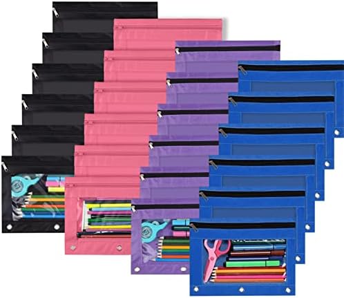 YoeeJob Pencil Pouch for 3 Ring Binder，Zipper Pencil Pouches Bulk，Pencil Case Pouch with Clear Window for Class, School, Office, 4 Colors-24 Packs by YoeeJob