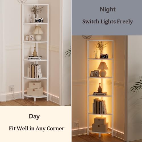 Furnulem 6 Tier Corner Shelf with LED Light, 67.5" White Narrow Bookshelf - Image 6