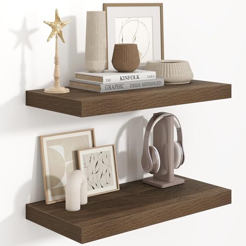 Fun Memories Floating Shelves 24 Inch Long, 9.3 Inch Deep Floating Shelf for Lving Room, Bedoom, Kitchen, Deep Wall Shelves for Bathroom, 2 Pack Storage Display Shelf for Books, Decors, Walnut by FunMemories