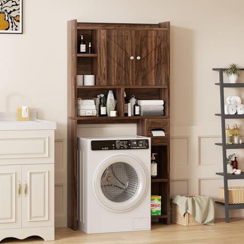 Shintenchi Over the Toilet Storage Cabinet, Bathroom Storage Cabient with Barn Doors, Bathroom Storage Shelf Organizer with Toilet Paper Holder, Adjustable Shelf and Anti-Tip Device, Walnut - Image 3