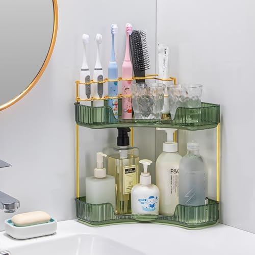 shuang qing Upgraded 2-Tier Corner Bathroom Countertop Organizer – Spacious Storage for Makeup, Skincare & Perfumes, Built-in Brush Holder Fits Vanity/Dresser/Bsthtub (Sage Green) - Image 2