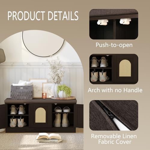 DINZI LVJ Shoe Storage Bench with Cushion, Door, Espresso Oak 39.4"LX17.7"H - Image 5