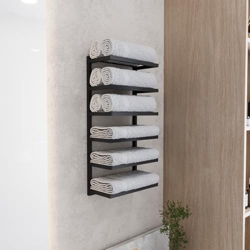 Modern 5-Tier/6-Tier Towel Rack - Wall-Mounted Black Metal Towel Shelf for Bathroom, Space-Saving Storage for Towels, Organizers, and Home Decor (6-Tier) by WitaHome