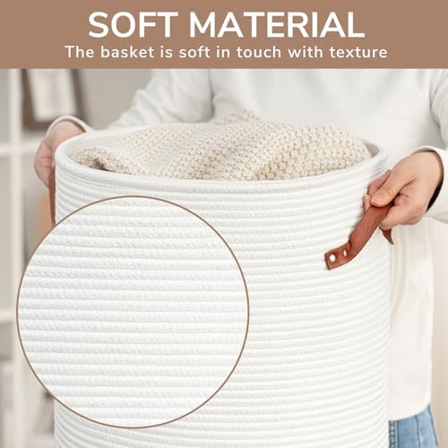 CHICVITA Large Woven Laundry Hamper with Lid & Leather Handles, 60L, White - Image 6