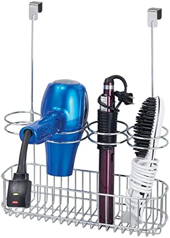 mDesign Metal Bathroom Storage Tool Organizer Accessory Basket Tray - Hang Over Cabinet Door - Storage for Hair Dryer, Straightener, Curling Iron & Hair Styling Products - Concerto Collection - Chrome by mDesign