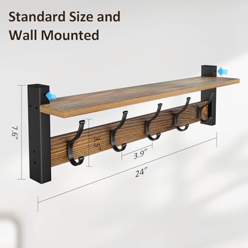 Optish Coat Rack Wall Mount with Shelf, 24 Inch Coat Hanger Walls Mounted, Hat Rack for Walls, Shelf with 5 Coat Hooks, Wall Hanger for Entryway (Brown) - Image 7