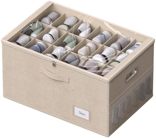 Shoe Organizer for Closet, Shoe Box Storage Containers Fit 18 Pairs Foldable Shoe Storage Bins with Clear Cover & Adjustable Dividers for Shoes Blankets Linen Clothing (Beige, (24.4*16.5*12.9)x1) by FHSQX