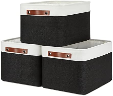DULLEMELO Canvas Storage Bin with Handles, Fabric Bins for Shelves, Bedroom, Office,Nursery,Fabric Storage Baskets for Toys, Clothes,Gift(3-Pack Medium-15 inch X 11 inch X 9.5 inch , White&Black) by DULLEMELO