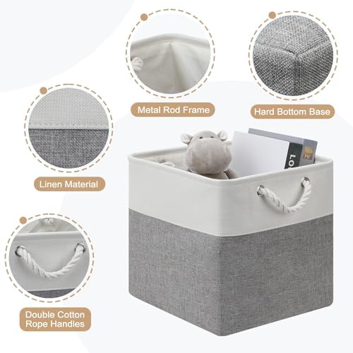 13x13 Storage Cube Bins 4Pack,Collapsible Cube Storage Organizer for Closet, Fabric Storage Box w/ Rope Handles, Foldable Storage Baskets for Shelves, Clothes,Closet Organization - White/Gray - Image 3