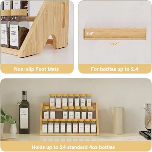 Bamboo Spice Rack Organizer -3-Tier Spice Rack for Countertop,Cabinet Spice Rack Organizer for 24 Spice Jars(4oz)，Step Shelf (yellow) - Image 5