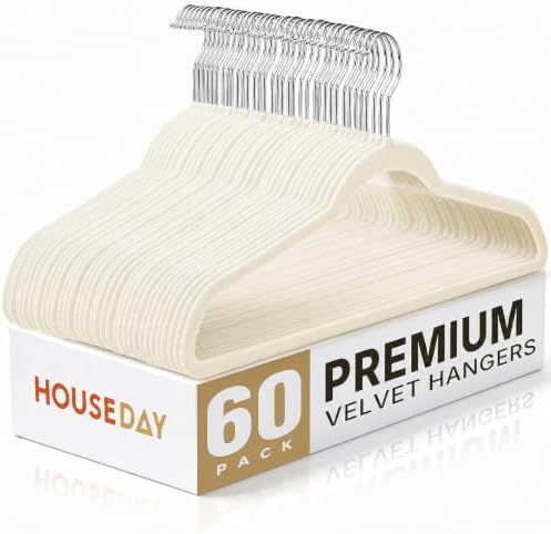 HOUSE DAY Ivory Velvet Hangers 60 Pack, Sturdy Non Slip Hanger Wrinkle-Free by HOUSEDAY