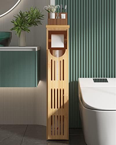 AmazerBath Toilet Paper Storage Cabinet Bamboo, Toilet Paper Holder with Storage for Small Spaces, Slim Bathroom Storage Cabinet, 33x7.3x6.5 Inches by AmazerBath