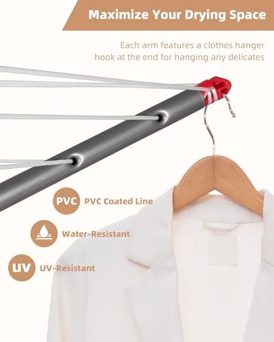 STORAGE MANIAC Outdoor Umbrella Drying Rack, 12 Lines with 164 Feet Drying Space, Steel Frame & Adjustable Height, 4-arm Umbrella Clothesline for Laundry, Collapsible Clothes Drying Rack for Backyard - Image 6