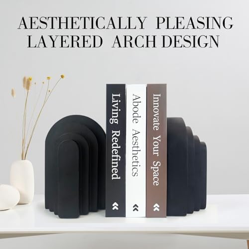 Book Ends for Heavy Books, Resin Decorative bookends, Heavy Duty Bookend for Shelves, Book Stopper for Shelves, Modern Home Decor Aesthetic Book Ends, Layered Arch Design Set of 2(Matte Black) - Image 2