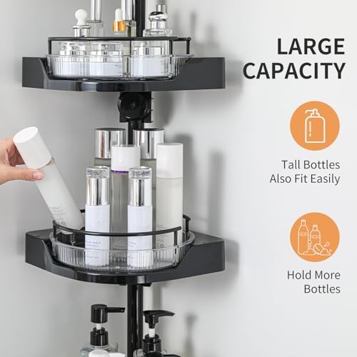 YCIA&DONE 360° Rotating Corner Shower Caddy Tension Pole, 3 Tiers Shower Organizer for Bathroom Shelf Bathtub, Adjustable Standing Shower Rack, Easily Assemble, 34-124 Inch Height, Black - Image 5