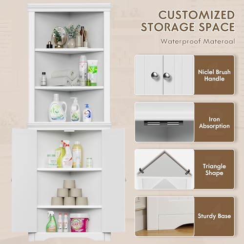 Flamaker Corner Cabinet, Freestanding Corner Shelf for Bathroom, White - Image 6