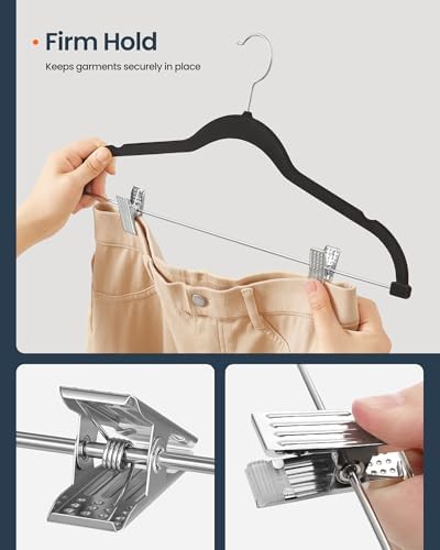 SONGMICS HOME Velvet Pants Hangers with Adjustable Clips, Non-Slip Space-Saving Clothes Hangers, 20 Pack, Shoulder Notches for Skirts, Black - Image 7