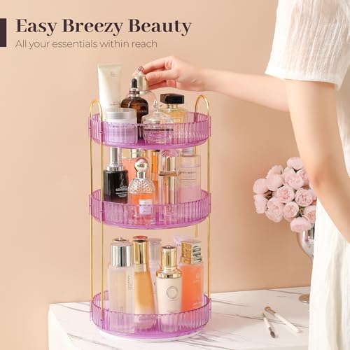 Aveniee Rotating Makeup Organizer for Vanity, Perfume Skincare Organizerss Large, Spinning Bathroom Counter Shelf Holder for Cosmetics, Skin Care, Lipsticks,3 Tiers, Purple - Image 3