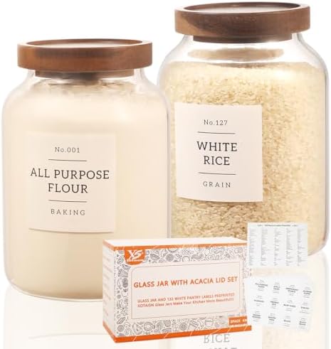 2 Pack Glass Food Storage Containers with Airtight Acacia Wood Lids and 132 Kitchen Pantey Labels Preprint - 43 LF OZ Borosilicate Glass Canister Sets for Food,Coffee,Cookie,Tea,Candy,Sugar by XOTAISM