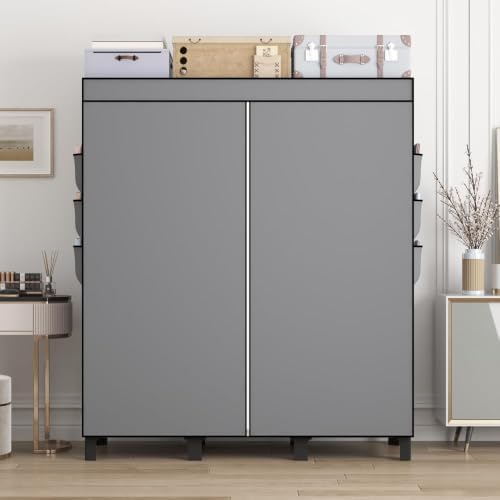 Portable Non-Woven Fabric Wardrobe, 3 Hanging Rods & Multi Tier Storage Shelves, 18 Side Pockets Clothes Closet Organizer, 130×45×172cm for Bedroom Dorm Living Room (Gray) - Image 6