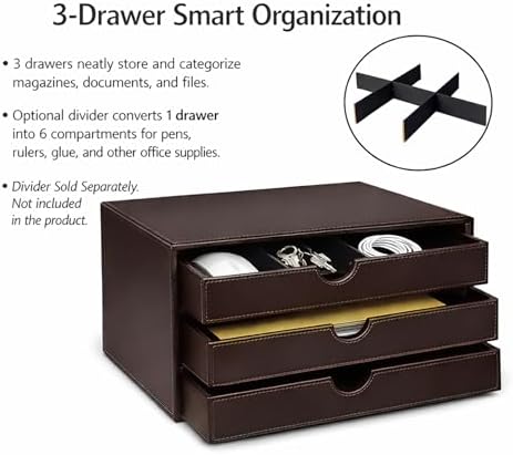 UnionBasic Leather Desktop Drawer Organizer, File Cabinet Magazine Document Holder, Office Supplies Desk Storage Organizer Box, 3 Drawer, Coffee - Image 4