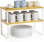 SpaceAid Cabinet Shelf Organizers 2 Pack, Kitchen Counter Rack Shelves Riser, Stackable Expandable Spice Rack, Pantry Cupboard Storage Organization (White and Natural, Long) by SpaceAid