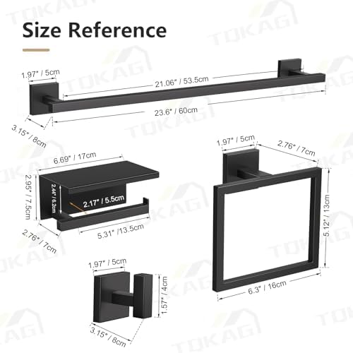 TQKAG 5-Pieces Matte Black Bathroom Hardware Accessories Set 23.6" SUS304 Stainless Steel Towel Bar Set Wall Mounted Square Toilet Paper Holder with Shelf - Image 6