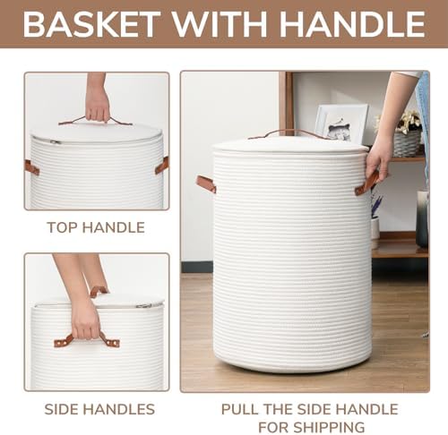 CHICVITA Large Woven Laundry Hamper with Lid & Leather Handles, 60L, White - Image 5