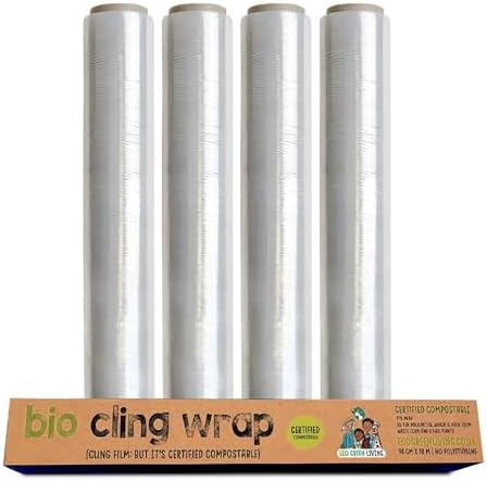 Eco Green Living Biodegradable Cling Film Bio Cling Wrap 100% Compostable, BPA & Plastic-Free Food Wrap, Vegan, Fridge & Freezer Safe, Recyclable Cardboard Dispenser. 4 Pack 30cm x 30m by Ecogreenliving