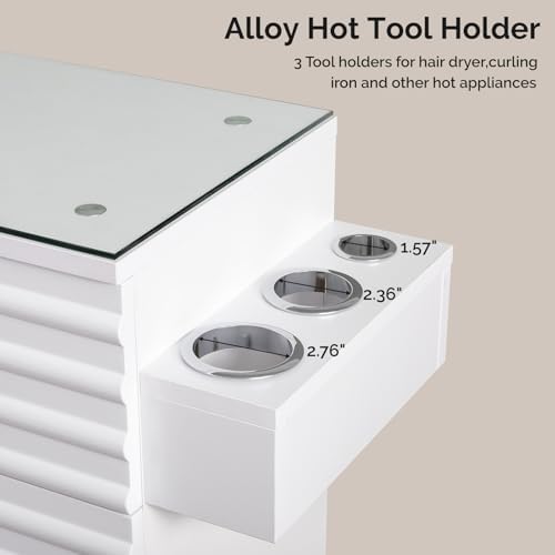 Professional Salon Station with Tempered Glass Top, 3 Drawers Hair Stylist & Barber Storage Cabinet with Heat Resistant Tool Holders, Beauty Spa & Home Organizer, White - Image 6