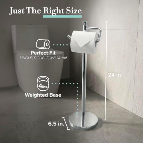 Gatco 1435C Freestanding Toilet Paper Holder, 23.68” H, Chrome | Toilet Tissue Roll Holder Stand With Weighted and Padded Base For Bathroom - Image 2