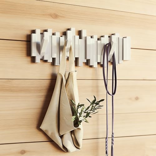 CAQ Wall Mount Coat Rack 4 Hooks, Wood Wall Coat Hooks Piano Key Style Folding, Wall Coat Hooks Magnetic Hanger for Entryway Bedroom, Natural - Image 3