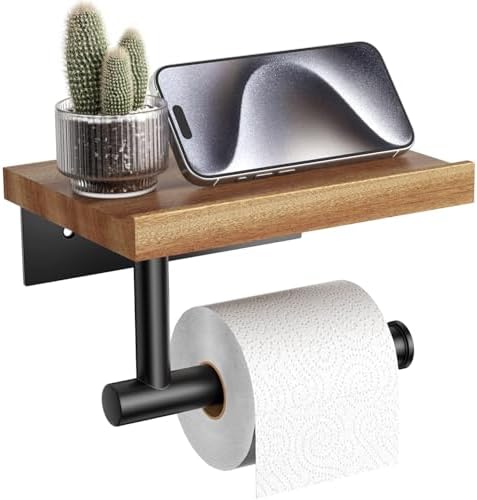 Tindbea Toilet Paper Holder with Wood Shelf, Wooden Wall Mount Tissue Paper Roll Holder, Matte Black Stainless Steel Bathroom Accessories Decor for Home (Sapele, Matte Black) by Tindbea