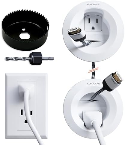 ECHOGEAR in-Wall Cable Management Kit for Power & Low Voltage Cords – Hide TV Wires Behind the Wall – Includes 3.75” Diameter x 3.25” Depth Modules, 6ft Extension Cord, Drywall Hole Saw Attachment by ECHOGEAR