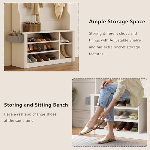 Aiho Hall Tree with Bench and Shoe Storage, 3-in-1 Entryway Hall Tree, with Adjustable Shoe Storage, for Entryway, Hallway, White - Image 5