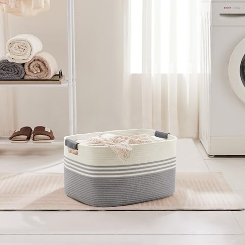 45L Small Woven Laundry Basket Hamper with Leather Handles,Grey - Image 3