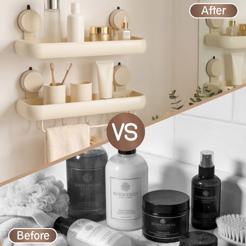 Shower Caddy Suction Cup, 2 Pack Cream White No Drilling Corner Shower Shelves, Detachable and Reusable Bathroom Organizer with Removable Hooks & Towel Bar - Image 7