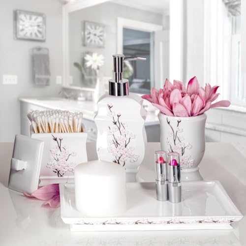 Creative Scents Vanda Bathroom Vanity Tray – Decorative Cherry Blossom White Resin Perfume Tray for Dresser -Small Rectangle Floral Tray for Bathroom Countertop, Perfume, & Dresser Cosmetics Organizer - Image 5