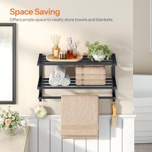 HOOBRO 23.8" Towel Rack for Bathroom, 3 Tier Towel Shelf with Tower Bars, Bathroom Storage Organizer for Towels and Toiletries, Towel Holder Wall Mounted with 2 Hooks, Black BK08LB01 - Image 4